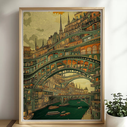 Mehrstöckige Brücken und verzierte Stadtarchitektur über einem Fluss mit Booten, im Stil eines fantasievollen Städtebildes.. Rahmen natur 50x70