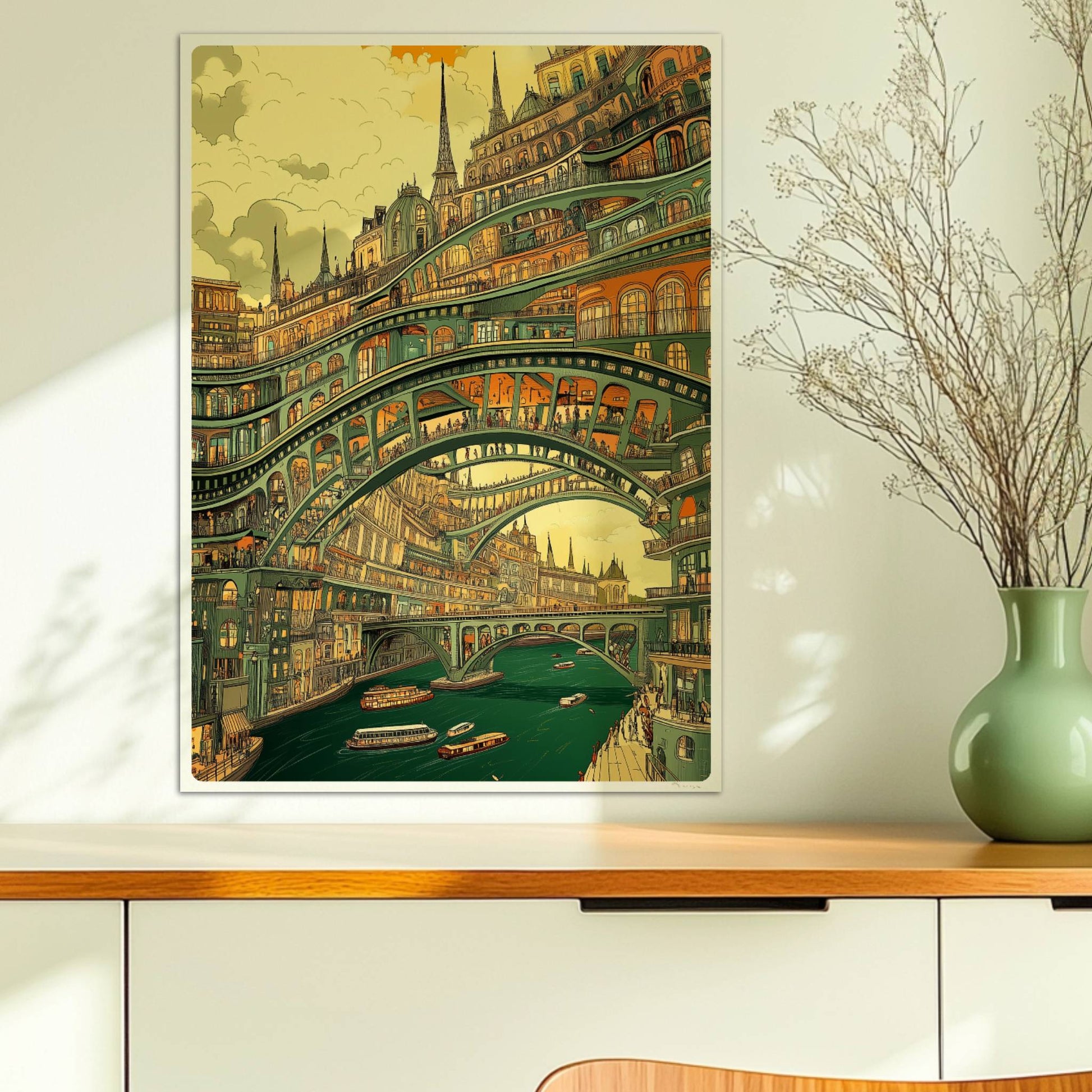Mehrstöckige Brücken und verzierte Stadtarchitektur über einem Fluss mit Booten, im Stil eines fantasievollen Städtebildes.. Ohne Rahmen 50x70