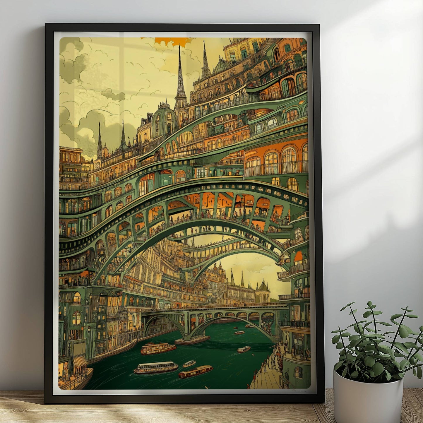 Mehrstöckige Brücken und verzierte Stadtarchitektur über einem Fluss mit Booten, im Stil eines fantasievollen Städtebildes.. Rahmen schwarz 50x70