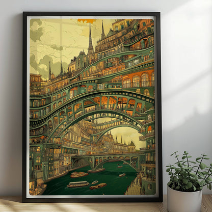 Mehrstöckige Brücken und verzierte Stadtarchitektur über einem Fluss mit Booten, im Stil eines fantasievollen Städtebildes.. Rahmen schwarz 50x70