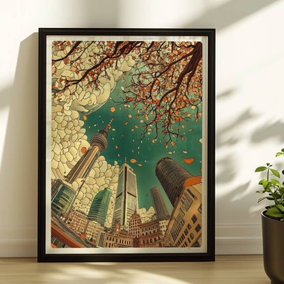 Blick nach oben auf Frankfurter Skyline mit modernen Hochhäusern, Fernsehturm und herbstlichen fallenden Blättern vor dramatischen Wolken.. Rahmen schwarz 30x40