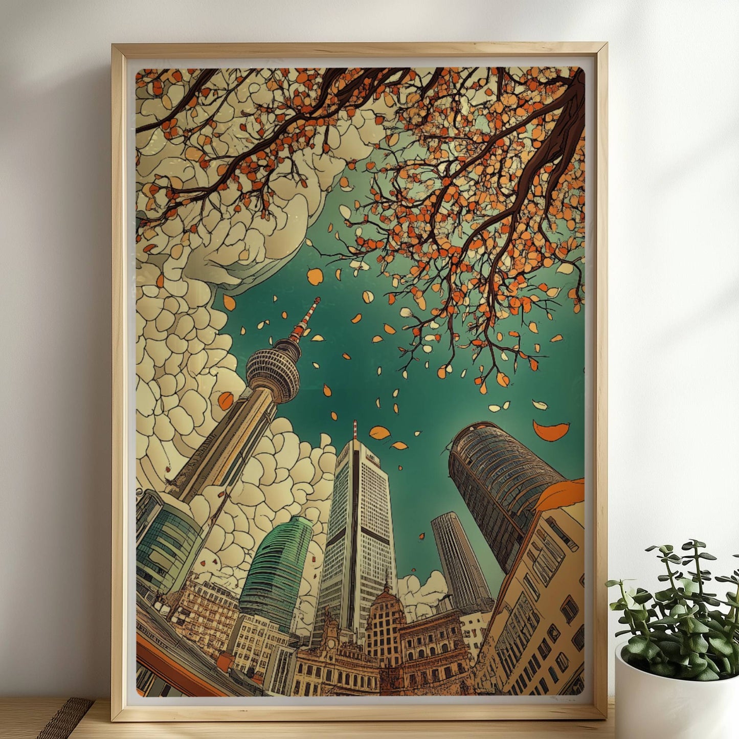 Blick nach oben auf Frankfurter Skyline mit modernen Hochhäusern, Fernsehturm und herbstlichen fallenden Blättern vor dramatischen Wolken.. Rahmen natur 50x70