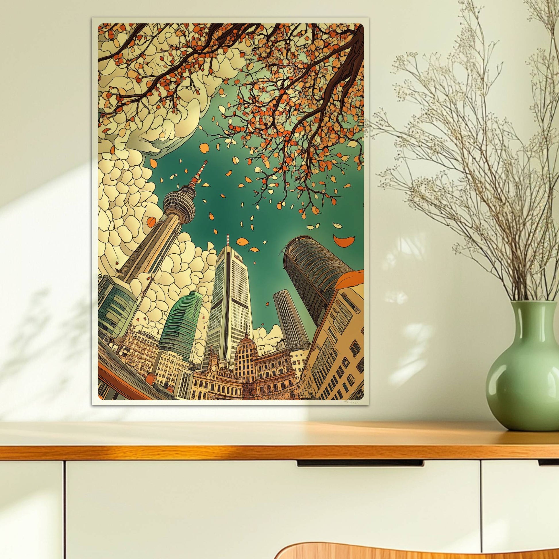 Blick nach oben auf Frankfurter Skyline mit modernen Hochhäusern, Fernsehturm und herbstlichen fallenden Blättern vor dramatischen Wolken.. Ohne Rahmen 50x70