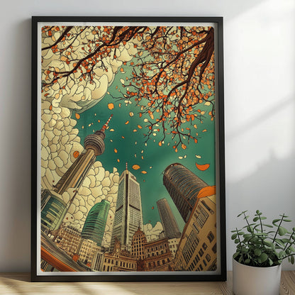 Blick nach oben auf Frankfurter Skyline mit modernen Hochhäusern, Fernsehturm und herbstlichen fallenden Blättern vor dramatischen Wolken.. Rahmen schwarz 50x70