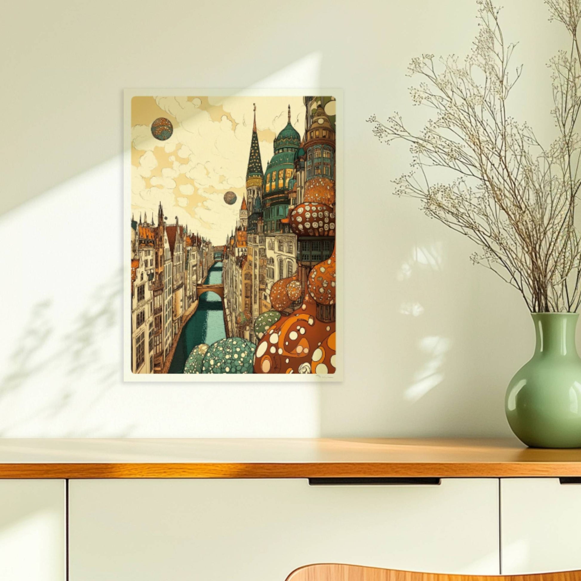 Fantasievolle Stadtansicht mit hohen, reich verzierten Türmen, malerischem Kanal und kugelförmigen Ornamenten vor wolkigem Himmel.. Ohne Rahmen 30x40