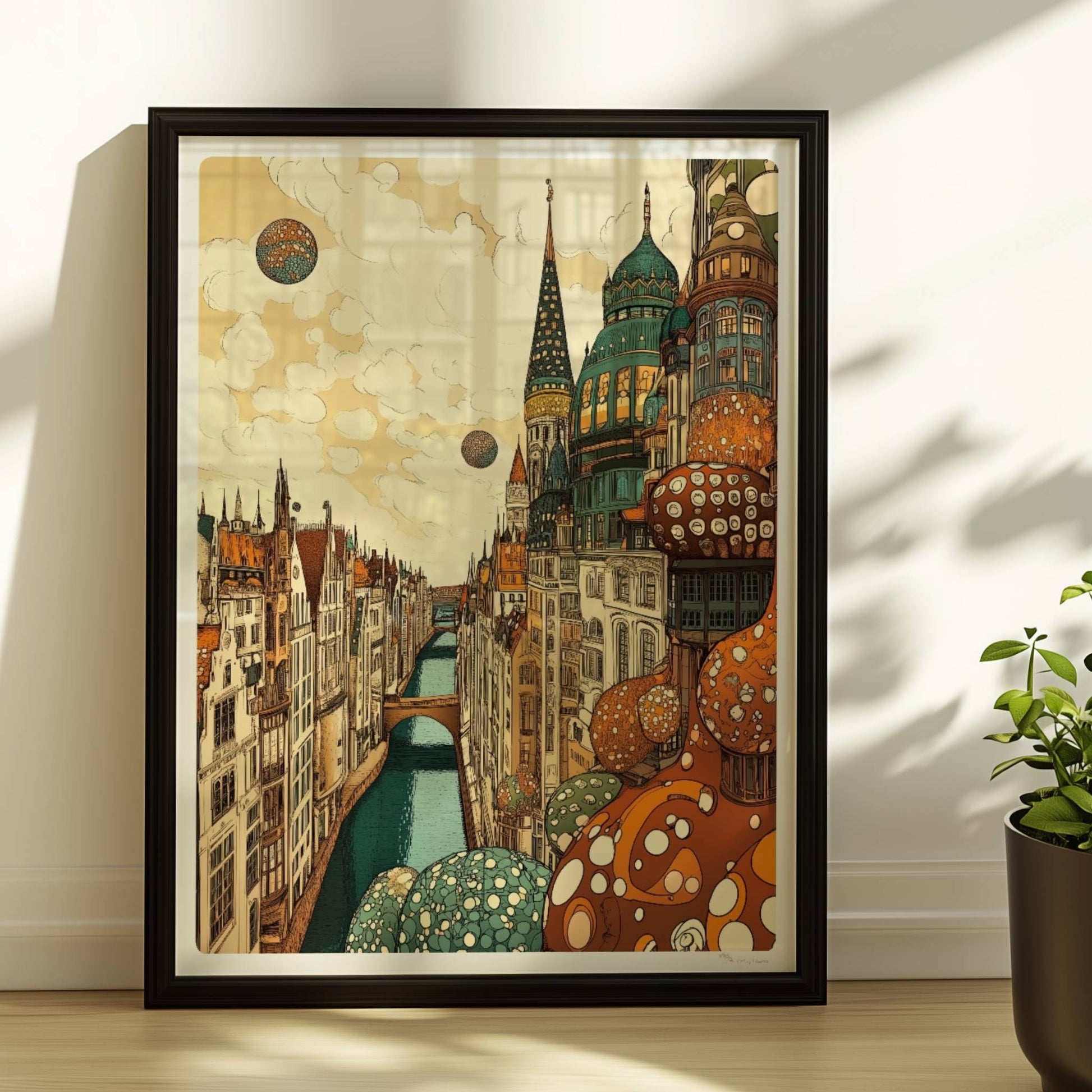 Fantasievolle Stadtansicht mit hohen, reich verzierten Türmen, malerischem Kanal und kugelförmigen Ornamenten vor wolkigem Himmel.. Rahmen schwarz 30x40