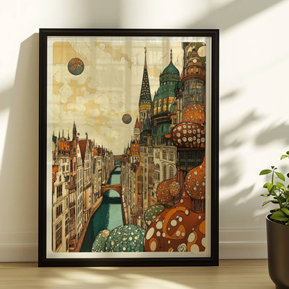 Fantasievolle Stadtansicht mit hohen, reich verzierten Türmen, malerischem Kanal und kugelförmigen Ornamenten vor wolkigem Himmel.. Rahmen schwarz 30x40