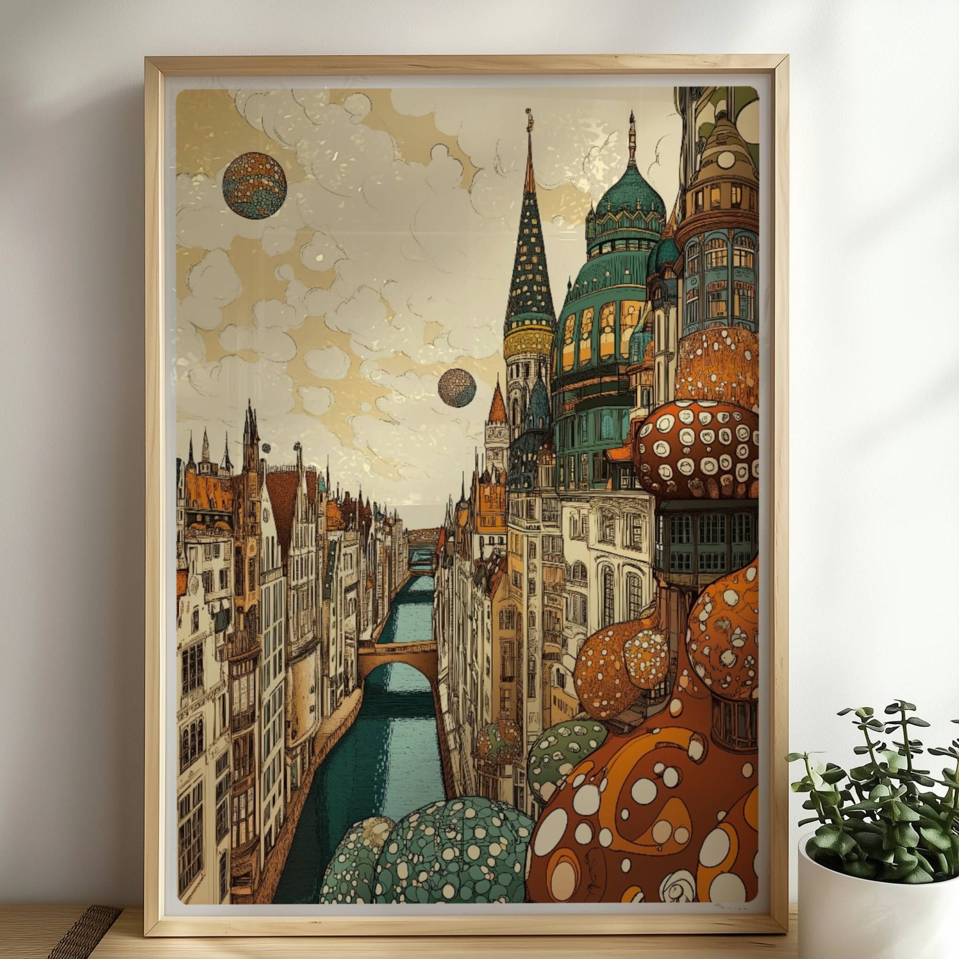 Fantasievolle Stadtansicht mit hohen, reich verzierten Türmen, malerischem Kanal und kugelförmigen Ornamenten vor wolkigem Himmel.. Rahmen natur 50x70