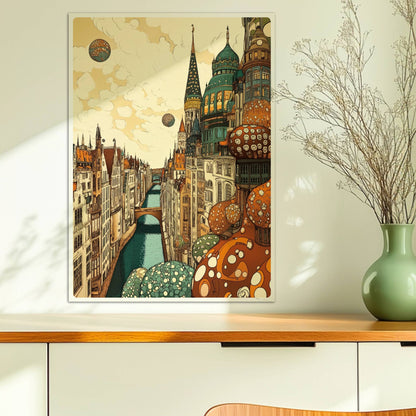Fantasievolle Stadtansicht mit hohen, reich verzierten Türmen, malerischem Kanal und kugelförmigen Ornamenten vor wolkigem Himmel.. Ohne Rahmen 50x70