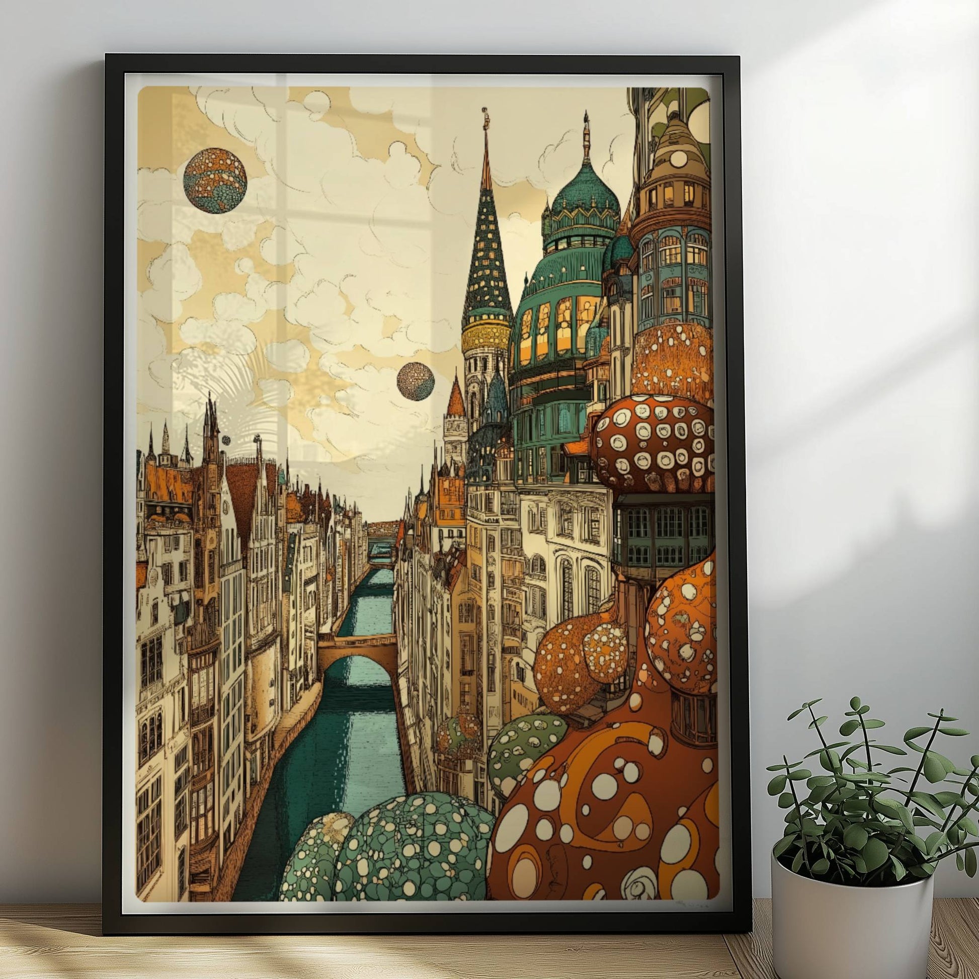 Fantasievolle Stadtansicht mit hohen, reich verzierten Türmen, malerischem Kanal und kugelförmigen Ornamenten vor wolkigem Himmel.. Rahmen schwarz 50x70