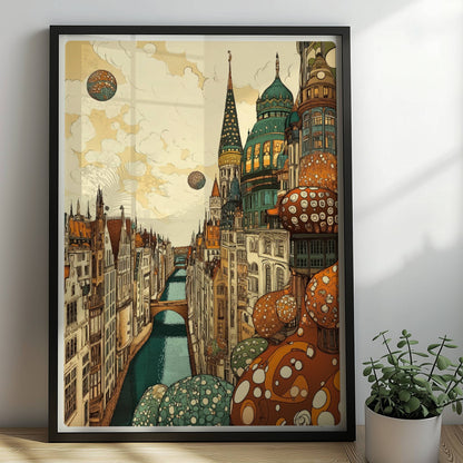 Fantasievolle Stadtansicht mit hohen, reich verzierten Türmen, malerischem Kanal und kugelförmigen Ornamenten vor wolkigem Himmel.. Rahmen schwarz 50x70