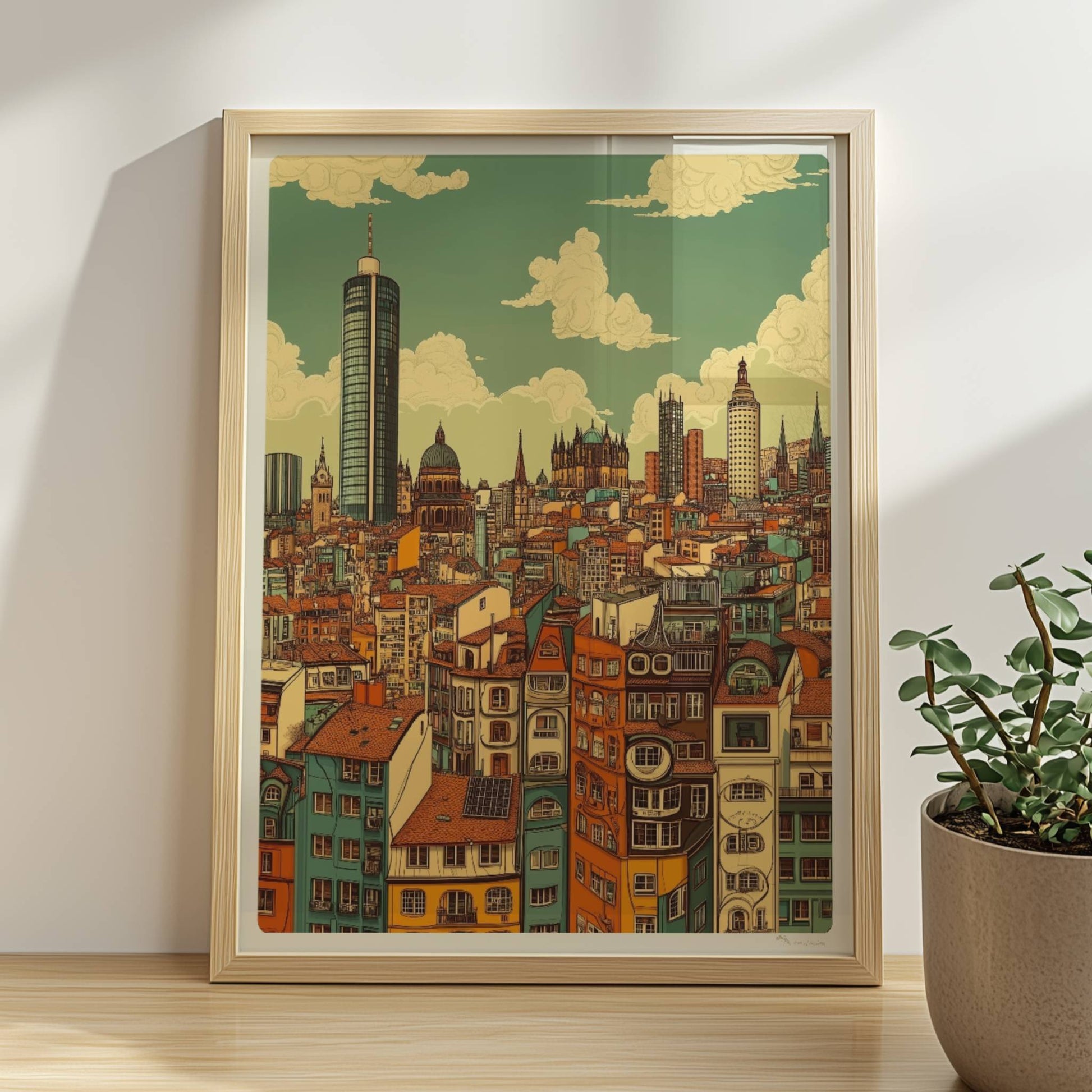 Europäische Fantasie-Skyline mit detailreichen, bunten Häuserfassaden und modernen wie historischen Türmen, inspiriert von europäischen Metropolen.. Rahmen natur 30x40