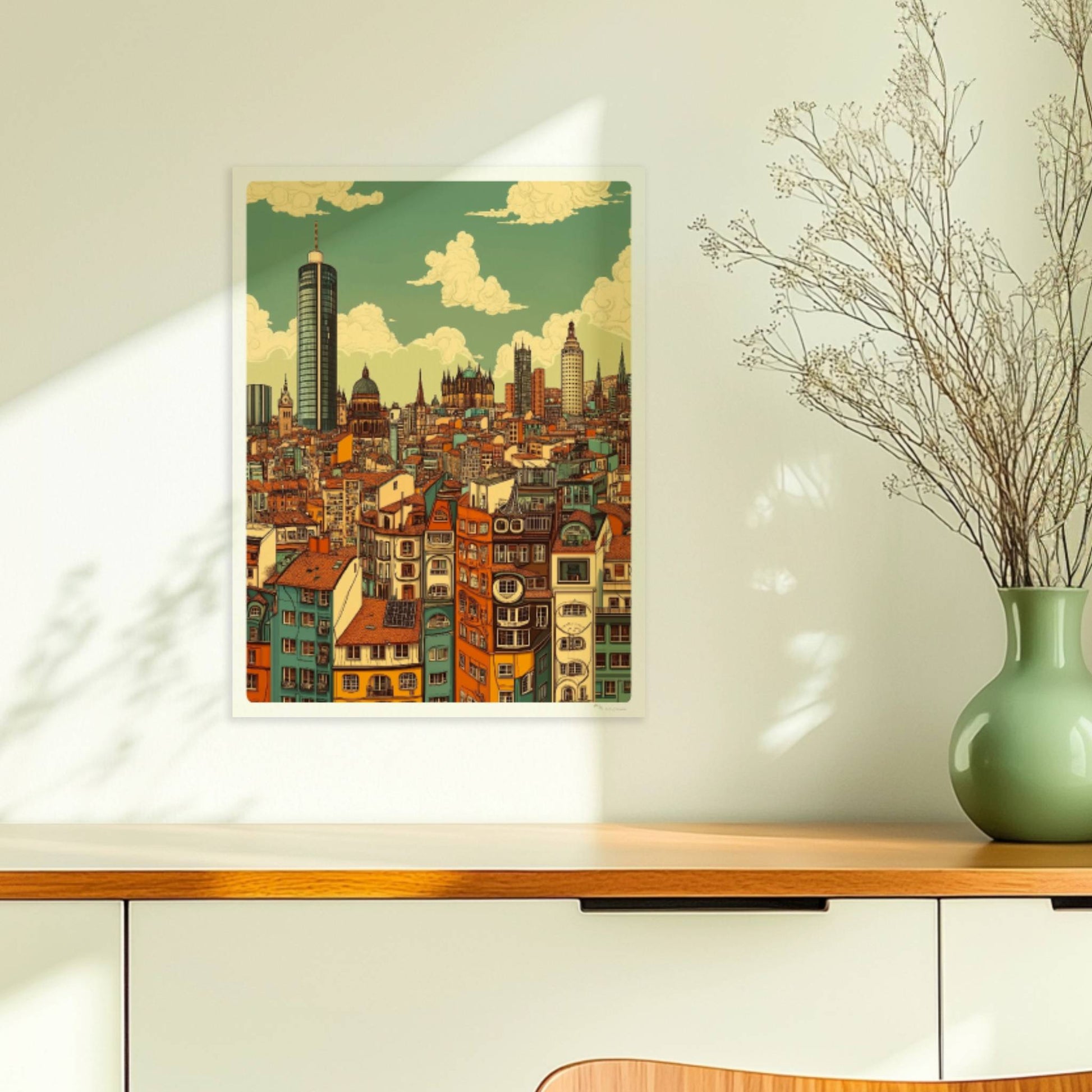 Europäische Fantasie-Skyline mit detailreichen, bunten Häuserfassaden und modernen wie historischen Türmen, inspiriert von europäischen Metropolen.. Ohne Rahmen 30x40