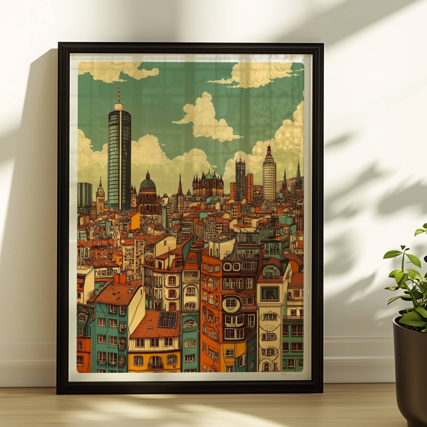 Europäische Fantasie-Skyline mit detailreichen, bunten Häuserfassaden und modernen wie historischen Türmen, inspiriert von europäischen Metropolen.. Rahmen schwarz 30x40