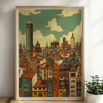 Europäische Fantasie-Skyline mit detailreichen, bunten Häuserfassaden und modernen wie historischen Türmen, inspiriert von europäischen Metropolen.. Rahmen natur 50x70