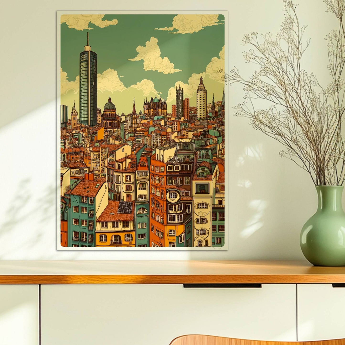 Europäische Fantasie-Skyline mit detailreichen, bunten Häuserfassaden und modernen wie historischen Türmen, inspiriert von europäischen Metropolen.. Ohne Rahmen 50x70
