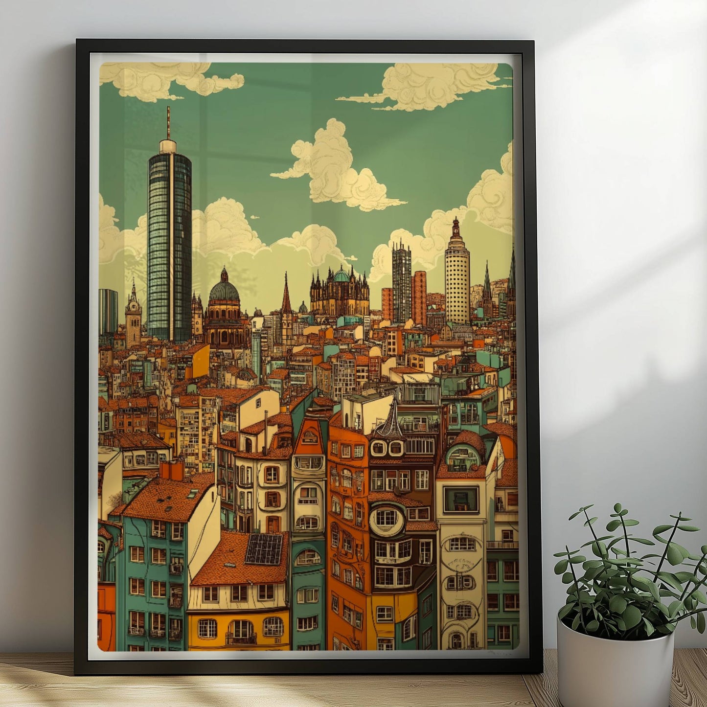 Europäische Fantasie-Skyline mit detailreichen, bunten Häuserfassaden und modernen wie historischen Türmen, inspiriert von europäischen Metropolen.. Rahmen schwarz 50x70
