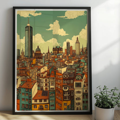 Europäische Fantasie-Skyline mit detailreichen, bunten Häuserfassaden und modernen wie historischen Türmen, inspiriert von europäischen Metropolen.. Rahmen schwarz 50x70