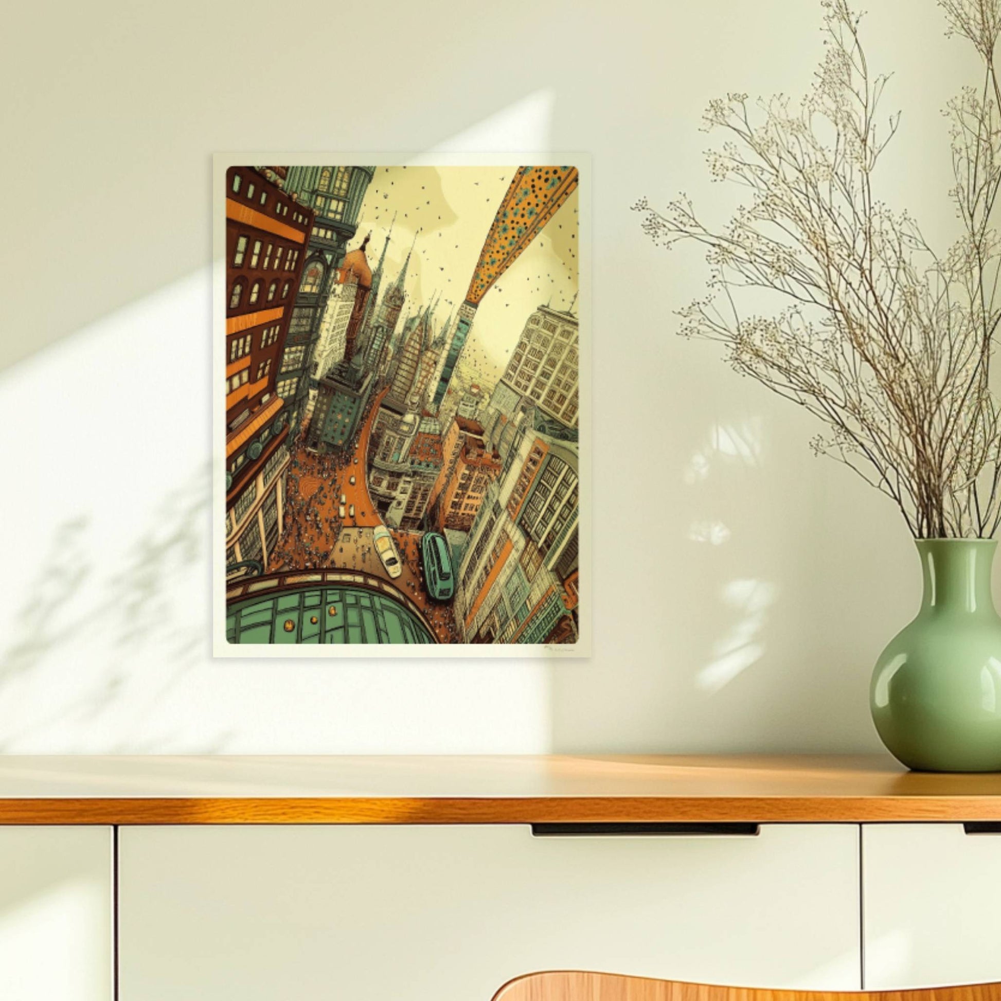 Belebte europäische Fantasy-Skyline mit hohen Gebäuden, geschwungenen Straßen, vielen Menschen und inspirierenden Architekturdetails – inspiriert von urbanem Großstadtleben.. Ohne Rahmen 30x40