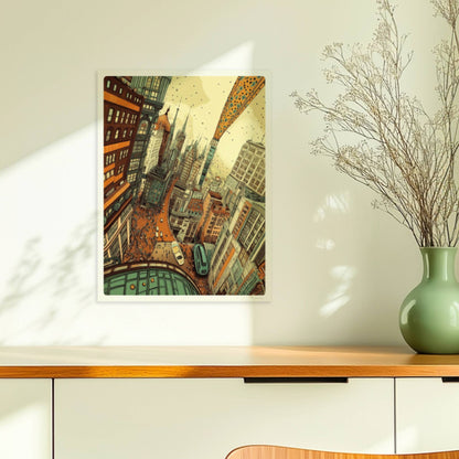 Belebte europäische Fantasy-Skyline mit hohen Gebäuden, geschwungenen Straßen, vielen Menschen und inspirierenden Architekturdetails – inspiriert von urbanem Großstadtleben.. Ohne Rahmen 30x40