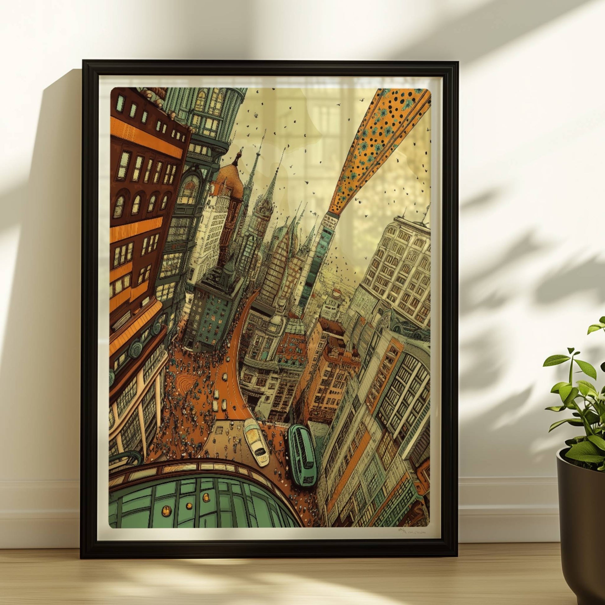 Belebte europäische Fantasy-Skyline mit hohen Gebäuden, geschwungenen Straßen, vielen Menschen und inspirierenden Architekturdetails – inspiriert von urbanem Großstadtleben.. Rahmen schwarz 30x40