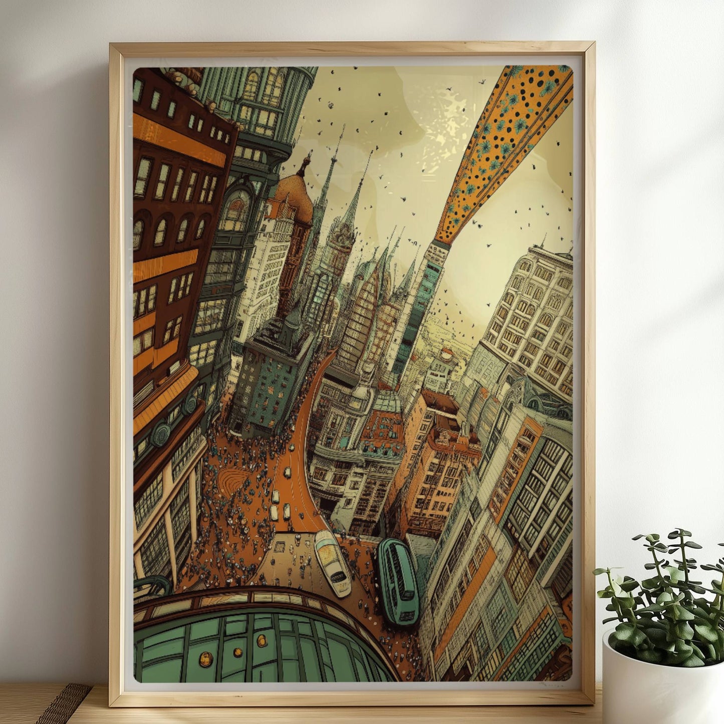 Belebte europäische Fantasy-Skyline mit hohen Gebäuden, geschwungenen Straßen, vielen Menschen und inspirierenden Architekturdetails – inspiriert von urbanem Großstadtleben.. Rahmen natur 50x70