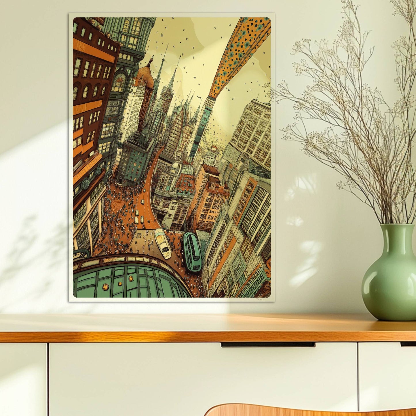 Belebte europäische Fantasy-Skyline mit hohen Gebäuden, geschwungenen Straßen, vielen Menschen und inspirierenden Architekturdetails – inspiriert von urbanem Großstadtleben.. Ohne Rahmen 50x70