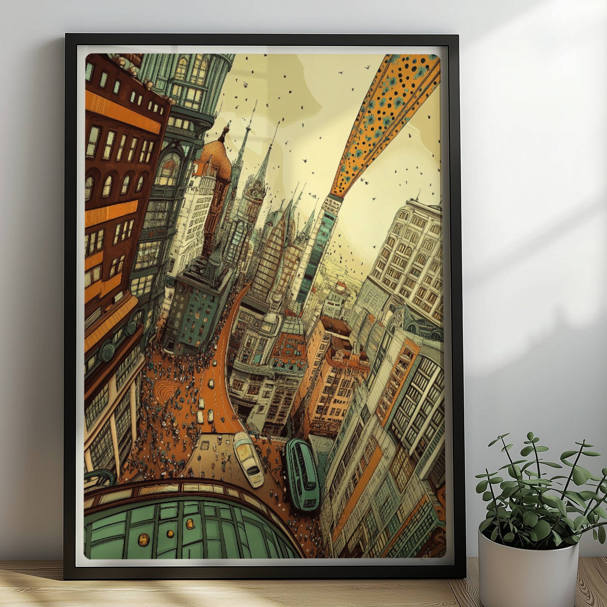 Belebte europäische Fantasy-Skyline mit hohen Gebäuden, geschwungenen Straßen, vielen Menschen und inspirierenden Architekturdetails – inspiriert von urbanem Großstadtleben.. Rahmen schwarz 50x70