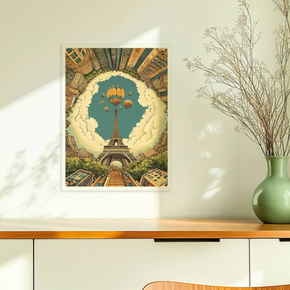 Pariser Skyline mit Eiffelturm im Zentrum, umgeben von hohen Gebäuden und Heißluftballons am Himmel in einer fantasievollen Szene.. Ohne Rahmen 30x40