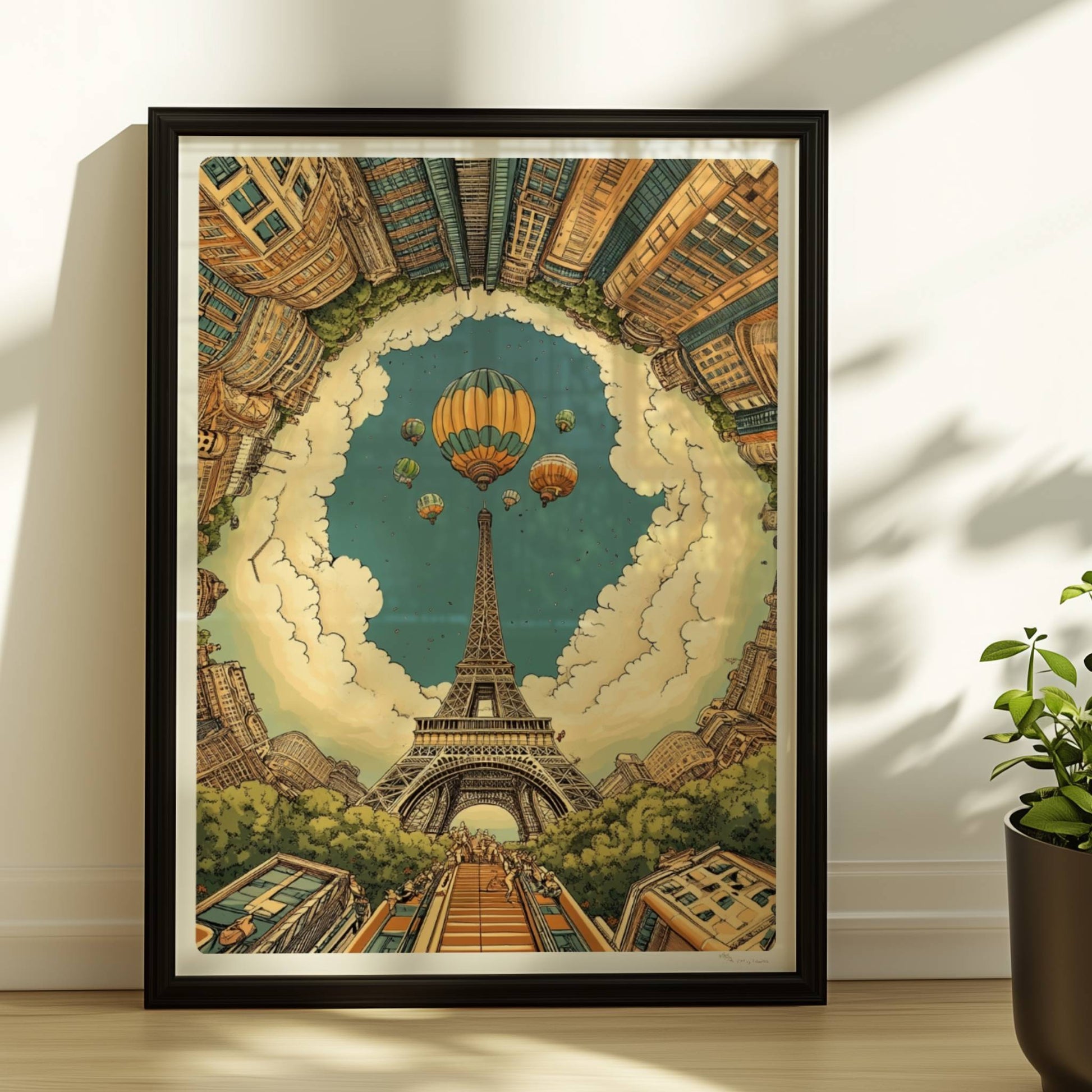 Pariser Skyline mit Eiffelturm im Zentrum, umgeben von hohen Gebäuden und Heißluftballons am Himmel in einer fantasievollen Szene.. Rahmen schwarz 30x40