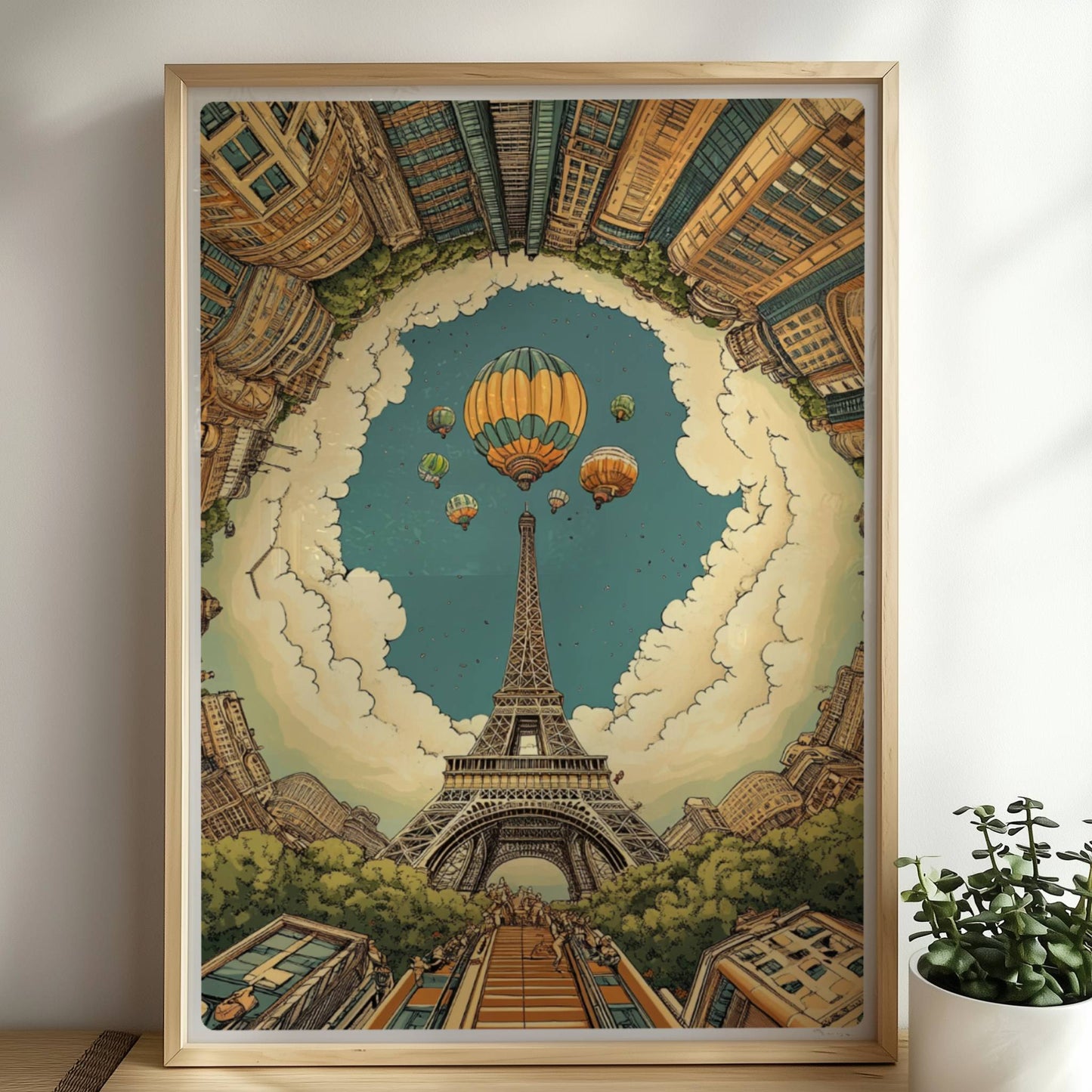 Pariser Skyline mit Eiffelturm im Zentrum, umgeben von hohen Gebäuden und Heißluftballons am Himmel in einer fantasievollen Szene.. Rahmen natur 50x70