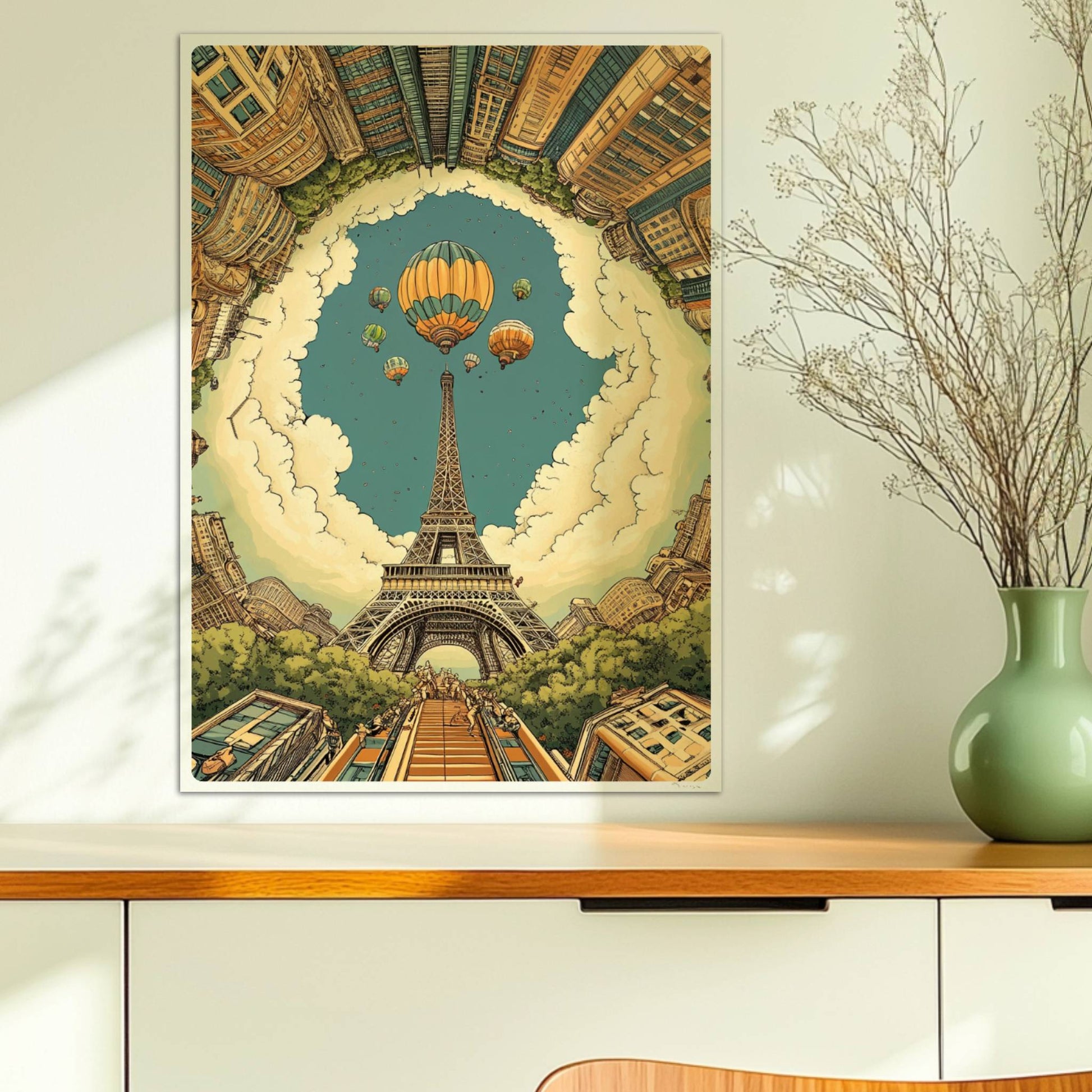Pariser Skyline mit Eiffelturm im Zentrum, umgeben von hohen Gebäuden und Heißluftballons am Himmel in einer fantasievollen Szene.. Ohne Rahmen 50x70