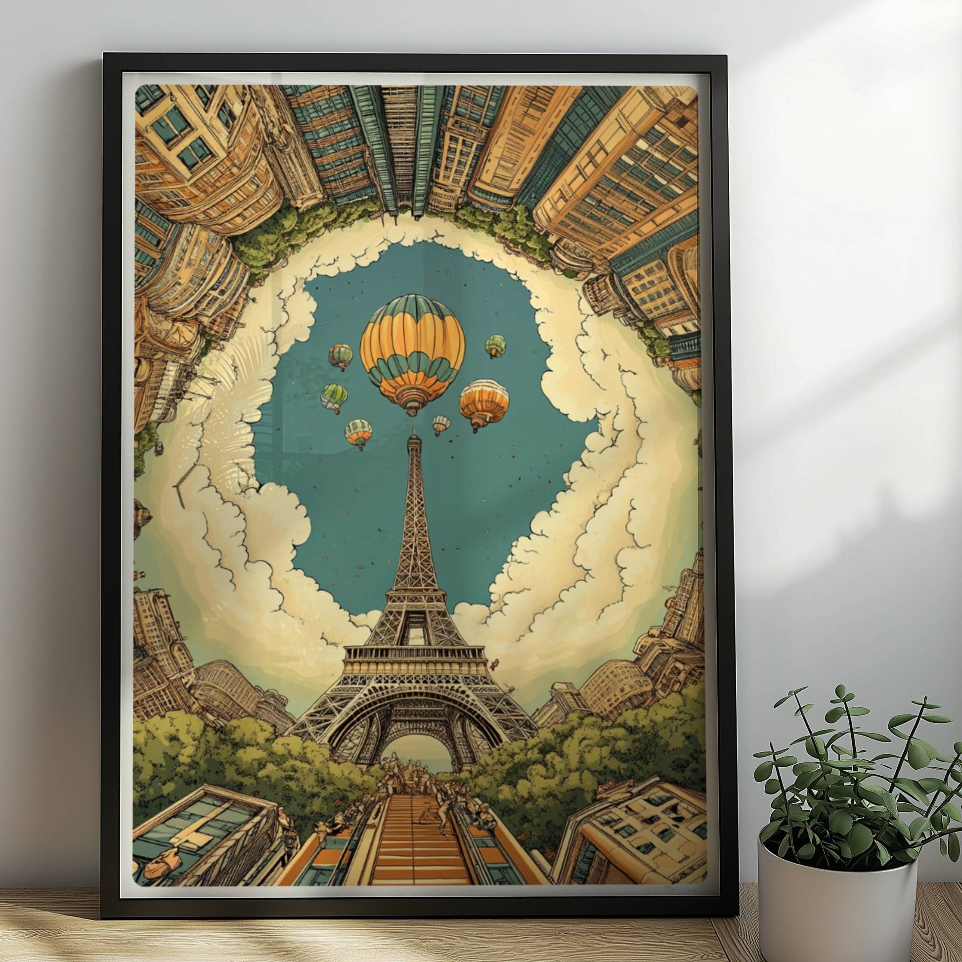 Pariser Skyline mit Eiffelturm im Zentrum, umgeben von hohen Gebäuden und Heißluftballons am Himmel in einer fantasievollen Szene.. Rahmen schwarz 50x70