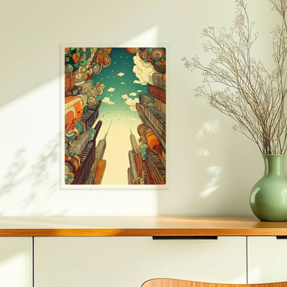 Europäische Fantasy-Skyline mit fantasievollen Hochhäusern, schwebenden geometrischen Formen und modernem Stadtambiente bei blauem Himmel.. Ohne Rahmen 30x40