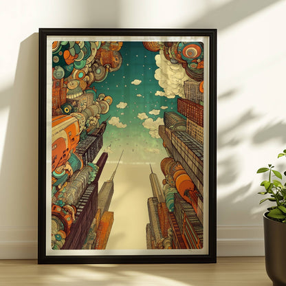 Europäische Fantasy-Skyline mit fantasievollen Hochhäusern, schwebenden geometrischen Formen und modernem Stadtambiente bei blauem Himmel.. Rahmen schwarz 30x40
