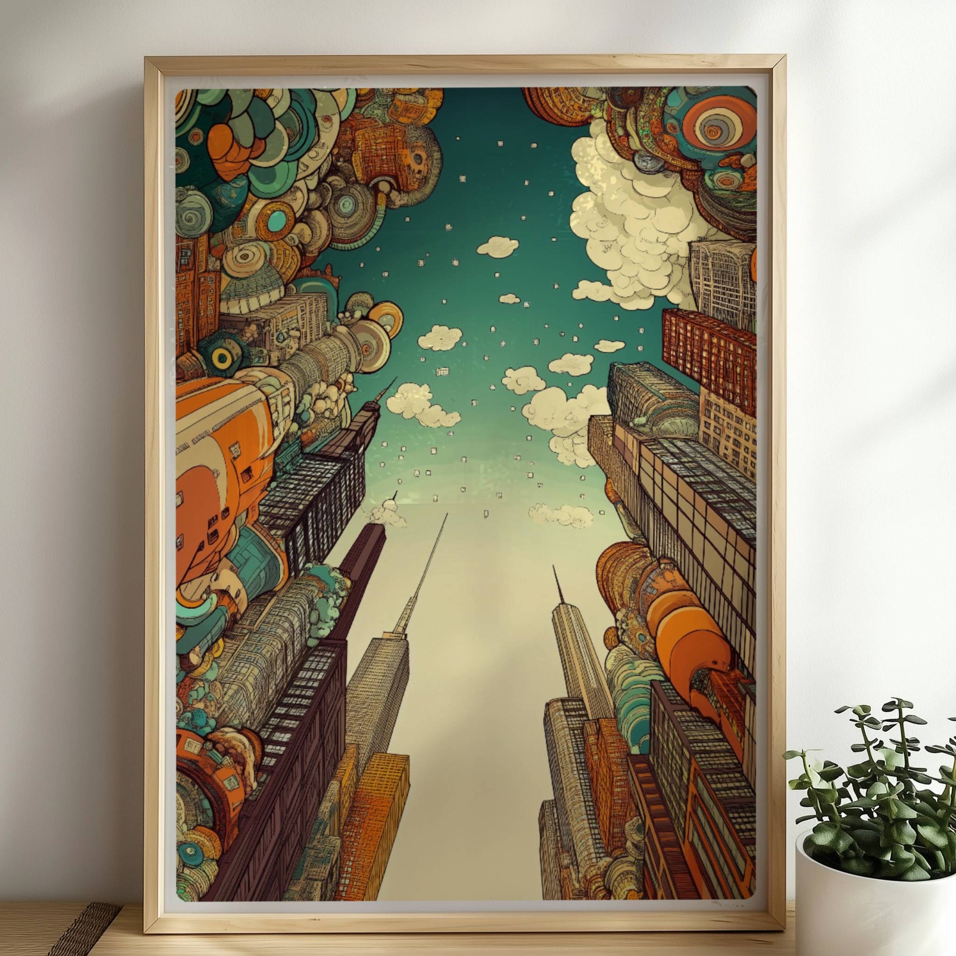 Europäische Fantasy-Skyline mit fantasievollen Hochhäusern, schwebenden geometrischen Formen und modernem Stadtambiente bei blauem Himmel.. Rahmen natur 50x70