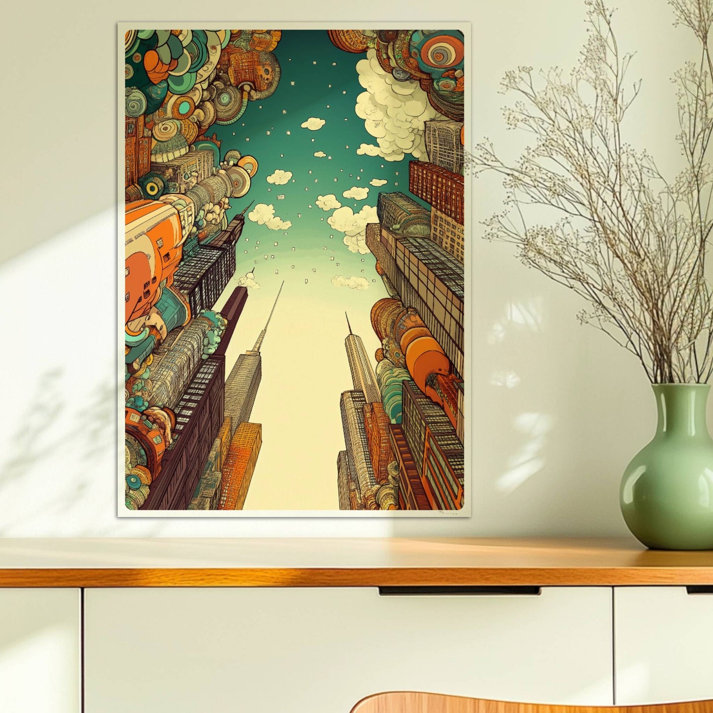 Europäische Fantasy-Skyline mit fantasievollen Hochhäusern, schwebenden geometrischen Formen und modernem Stadtambiente bei blauem Himmel.. Ohne Rahmen 50x70