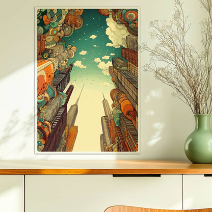 Europäische Fantasy-Skyline mit fantasievollen Hochhäusern, schwebenden geometrischen Formen und modernem Stadtambiente bei blauem Himmel.. Ohne Rahmen 50x70
