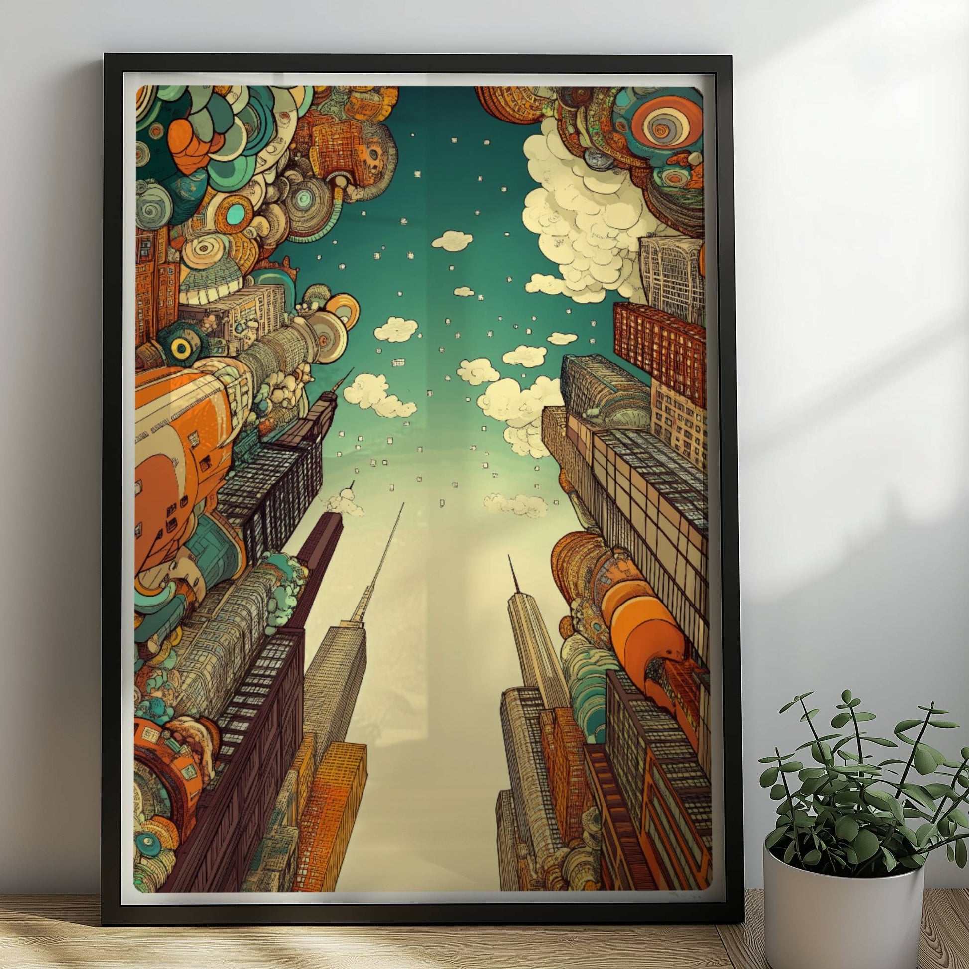 Europäische Fantasy-Skyline mit fantasievollen Hochhäusern, schwebenden geometrischen Formen und modernem Stadtambiente bei blauem Himmel.. Rahmen schwarz 50x70