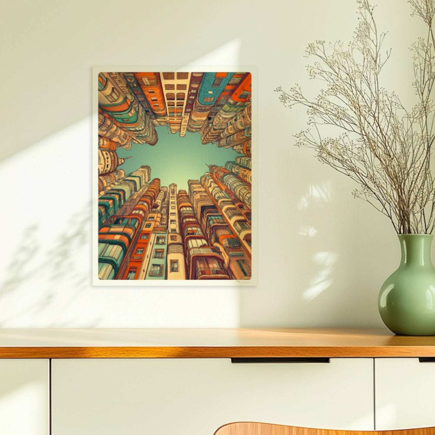 Fantasievolle europäische Hochhäuser mit kunstvollen Fassaden, die in den Himmel ragen und einen sternförmigen Blick zum Himmel freilassen, inspiriert von moderner europäischer Architektur.. Ohne Rahmen 30x40