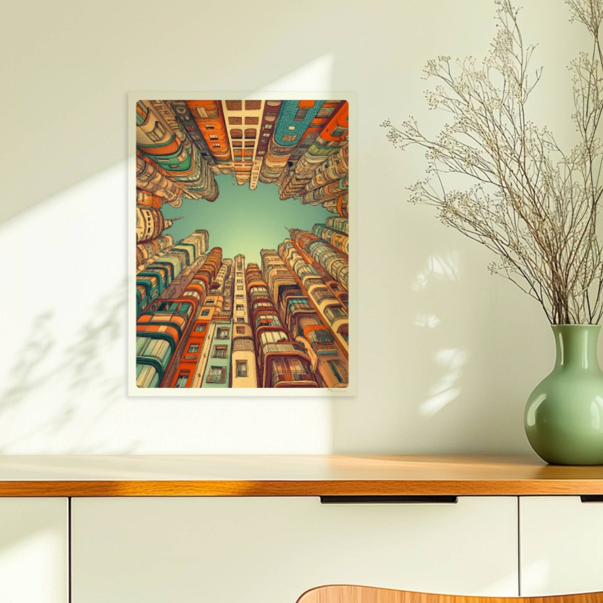 Fantasievolle europäische Hochhäuser mit kunstvollen Fassaden, die in den Himmel ragen und einen sternförmigen Blick zum Himmel freilassen, inspiriert von moderner europäischer Architektur.. Ohne Rahmen 30x40
