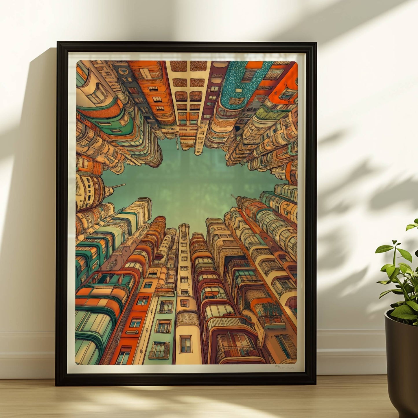 Fantasievolle europäische Hochhäuser mit kunstvollen Fassaden, die in den Himmel ragen und einen sternförmigen Blick zum Himmel freilassen, inspiriert von moderner europäischer Architektur.. Rahmen schwarz 30x40
