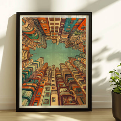 Fantasievolle europäische Hochhäuser mit kunstvollen Fassaden, die in den Himmel ragen und einen sternförmigen Blick zum Himmel freilassen, inspiriert von moderner europäischer Architektur.. Rahmen schwarz 30x40