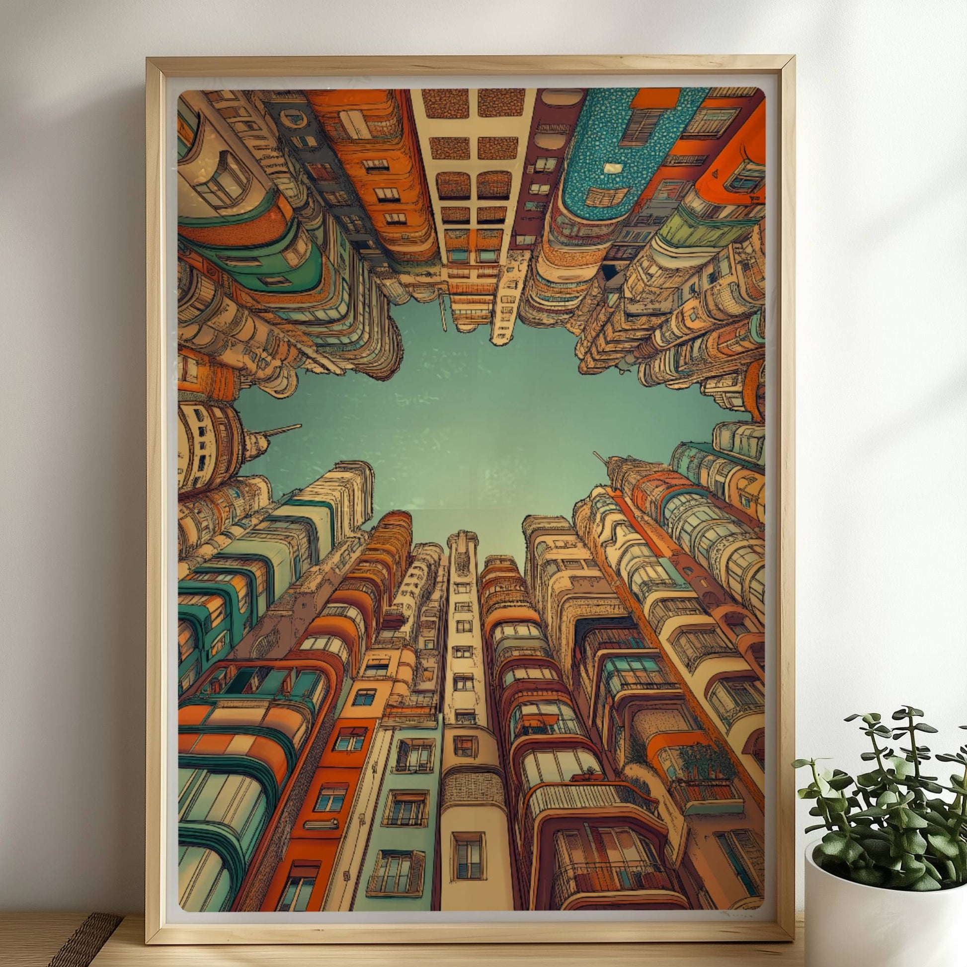 Fantasievolle europäische Hochhäuser mit kunstvollen Fassaden, die in den Himmel ragen und einen sternförmigen Blick zum Himmel freilassen, inspiriert von moderner europäischer Architektur.. Rahmen natur 50x70