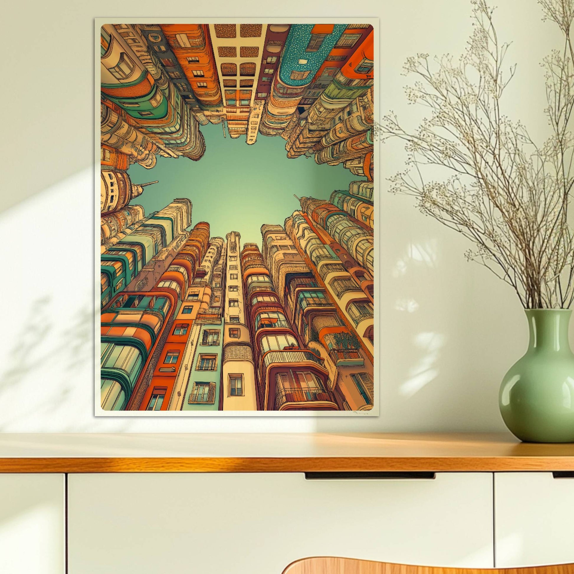 Fantasievolle europäische Hochhäuser mit kunstvollen Fassaden, die in den Himmel ragen und einen sternförmigen Blick zum Himmel freilassen, inspiriert von moderner europäischer Architektur.. Ohne Rahmen 50x70