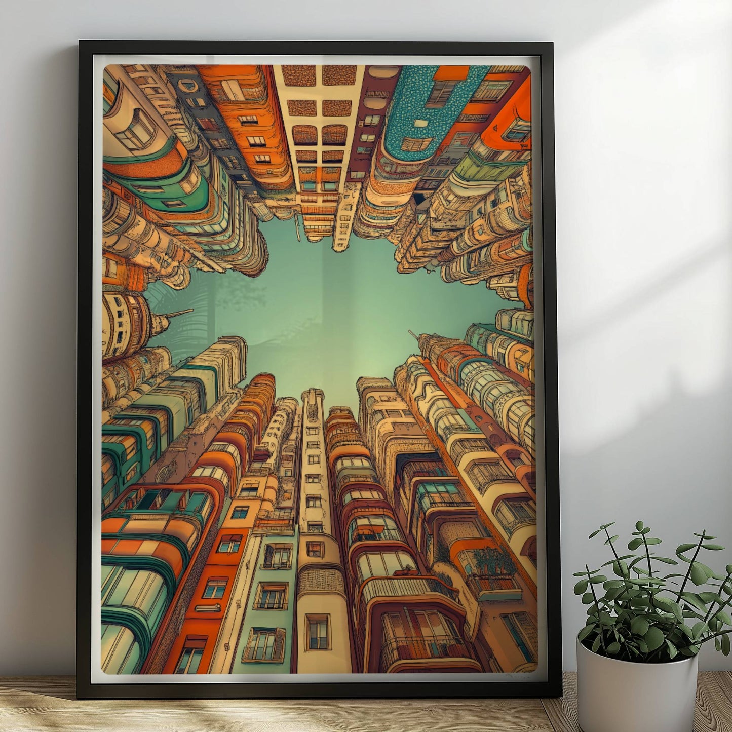 Fantasievolle europäische Hochhäuser mit kunstvollen Fassaden, die in den Himmel ragen und einen sternförmigen Blick zum Himmel freilassen, inspiriert von moderner europäischer Architektur.. Rahmen schwarz 50x70