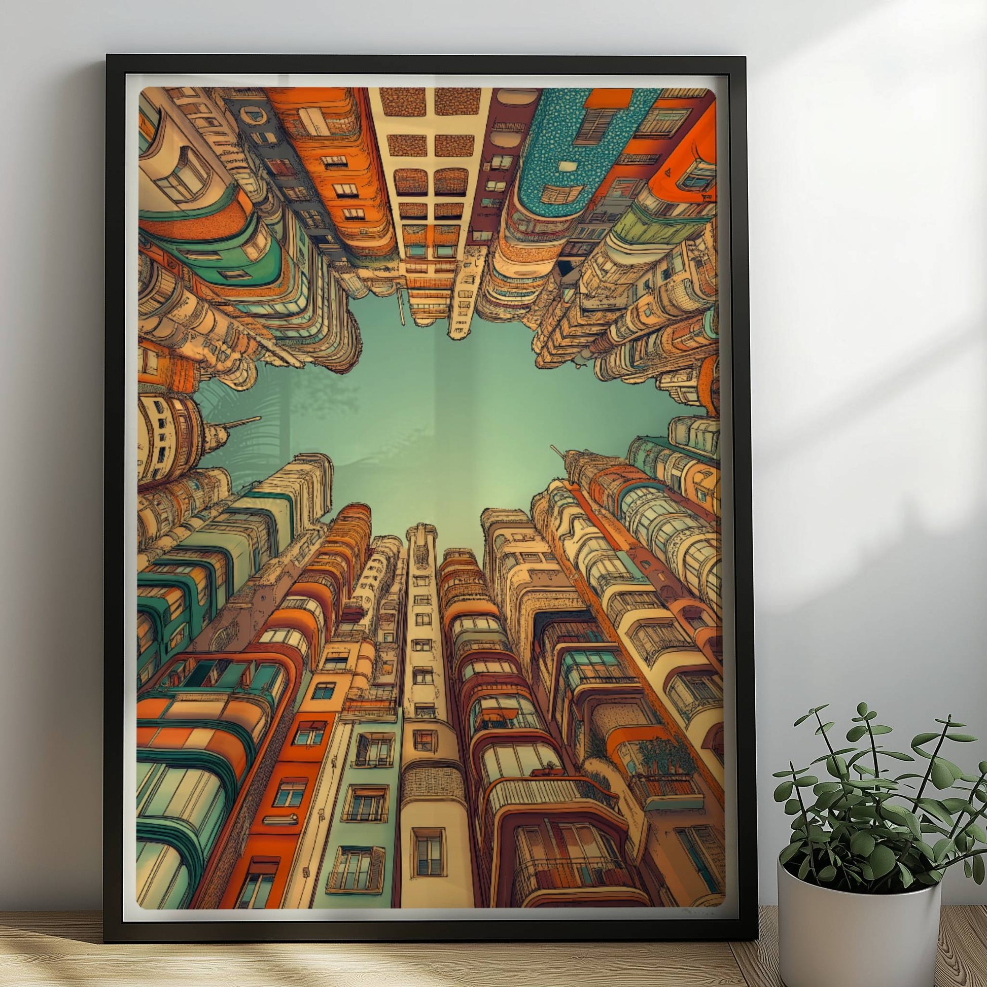 Fantasievolle europäische Hochhäuser mit kunstvollen Fassaden, die in den Himmel ragen und einen sternförmigen Blick zum Himmel freilassen, inspiriert von moderner europäischer Architektur.. Rahmen schwarz 50x70