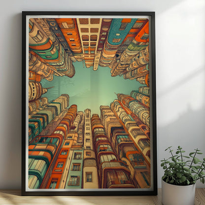 Fantasievolle europäische Hochhäuser mit kunstvollen Fassaden, die in den Himmel ragen und einen sternförmigen Blick zum Himmel freilassen, inspiriert von moderner europäischer Architektur.. Rahmen schwarz 50x70