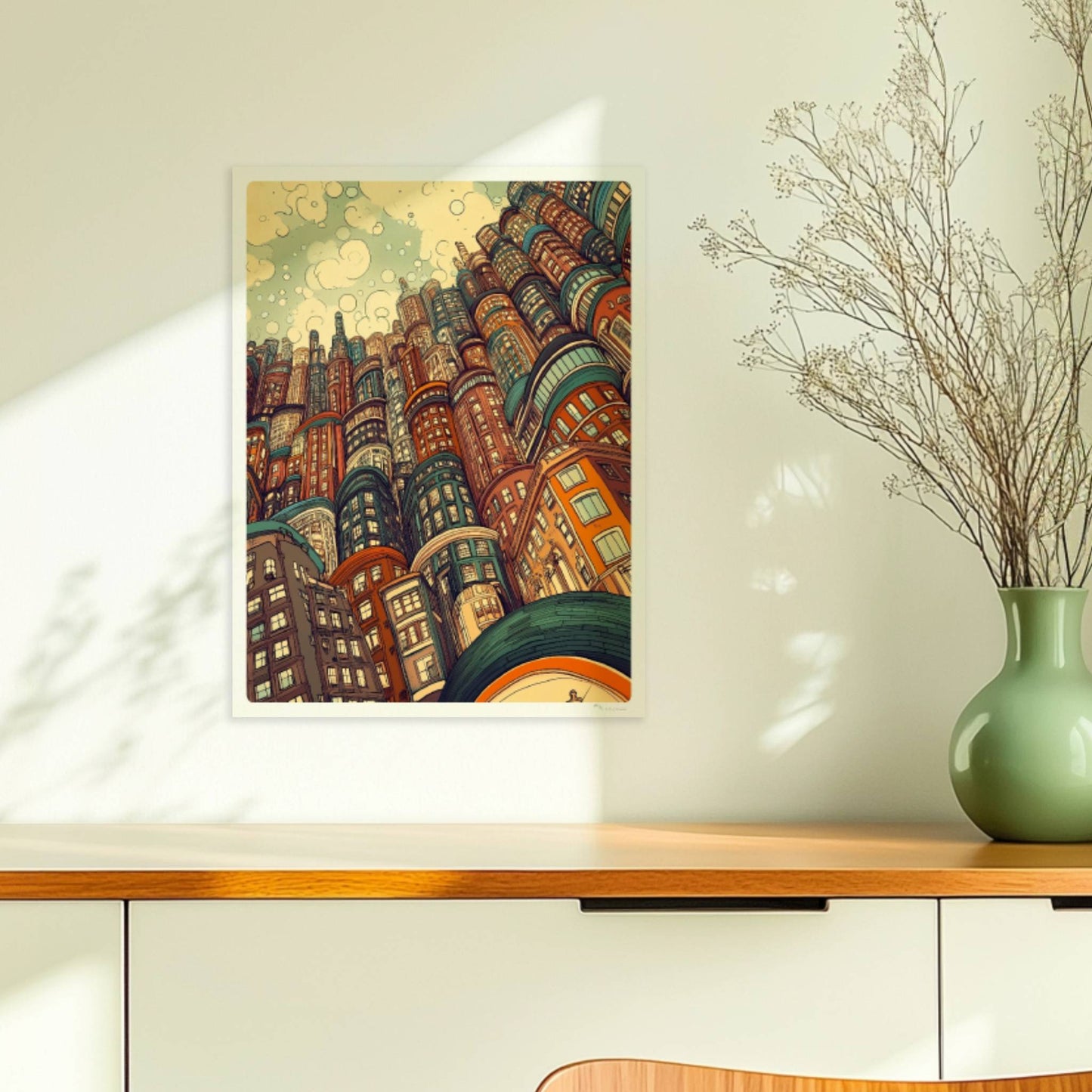 Kreative europäische Skyline mit vielen fantasievoll gestalteten Hochhäusern und Gebäuden, inspiriert von modernen und historischen europäischen Städten.. Ohne Rahmen 30x40