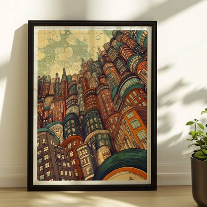 Kreative europäische Skyline mit vielen fantasievoll gestalteten Hochhäusern und Gebäuden, inspiriert von modernen und historischen europäischen Städten.. Rahmen schwarz 30x40